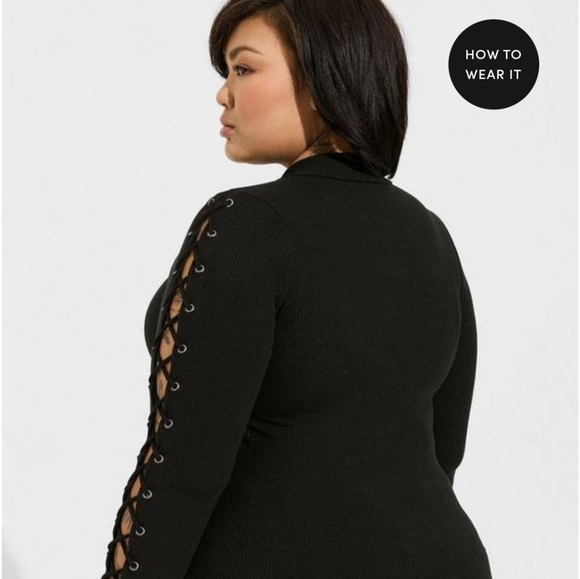 Lace up Sleeve Ribbed Mock Neck - Picture 2 of 4